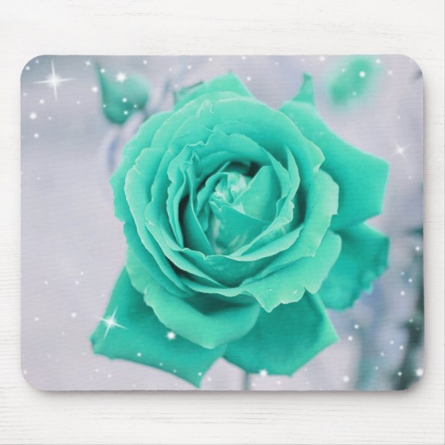 Shimmering Teal Rose Flower Mouse Pad (Front)