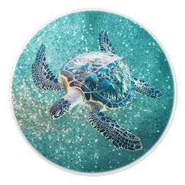 Shimmering Turquoise Sea Turtle | Coastal Ceramic Knob
