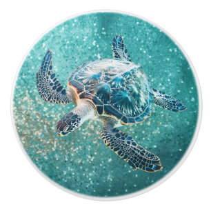 Shimmering Turquoise Sea Turtle Coastal Ceramic Knob