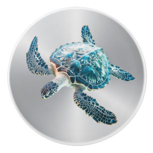 Shimmering Turquoise Sea Turtle Coastal Ceramic Knob