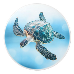 Shimmering Turquoise Sea Turtle Coastal Ceramic Knob