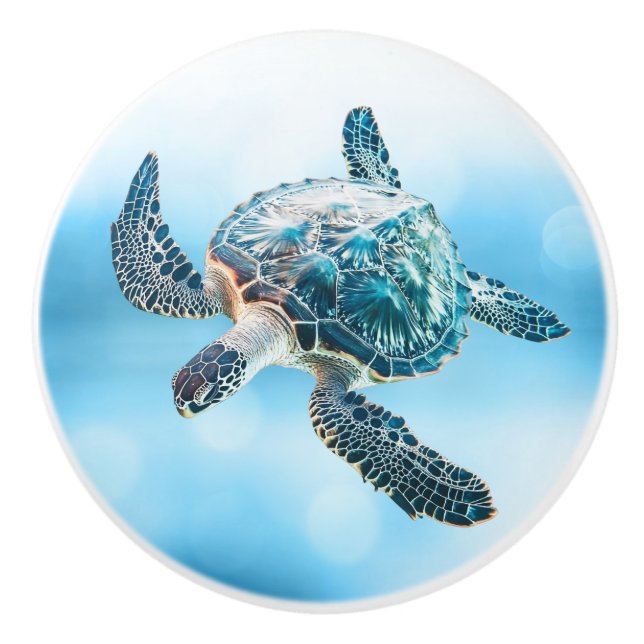 Shimmering Turquoise Sea Turtle | Coastal Ceramic Knob (Front)