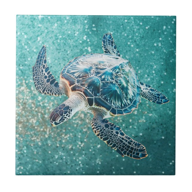 Shimmering Turquoise Sea Turtle | Coastal Ceramic Tile (Front)