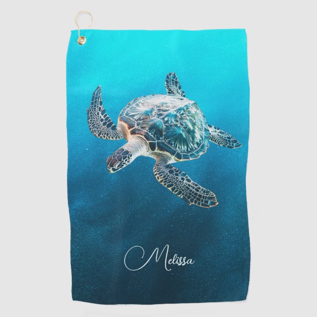 Shimmering Turquoise Sea Turtle | Coastal Golf Towel (Front)