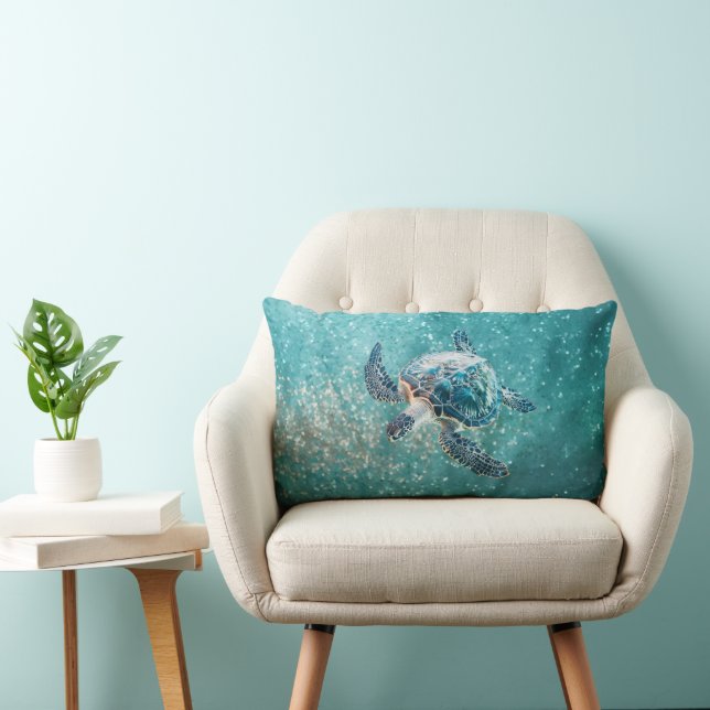 Shimmering Turquoise Sea Turtle | Coastal Lumbar Cushion (Chair)