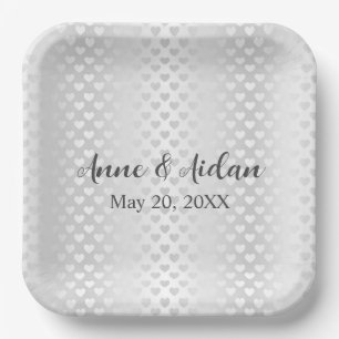 Shimmering White Wedding Hearts Paper Plate