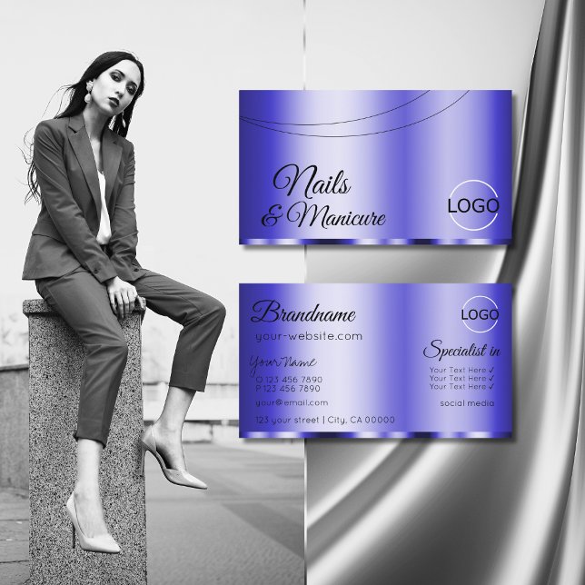 Shimmery Blue Glamourous with Logo Modern Business Card (Creator Uploaded)