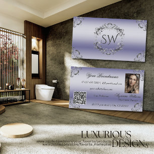 Shimmery Blue Silver Decor Monogram Photo QR Code Business Card