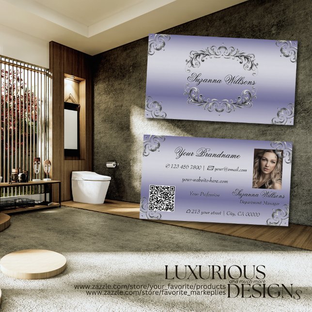 Shimmery Blue Silver Decor with Photo and QR Code Business Card (Creator Uploaded)