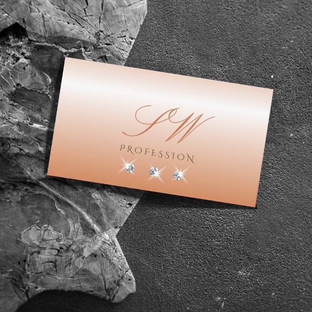 Shimmery Coral Ombre Sparkling Diamonds Monogram Business Card (Creator Uploaded)