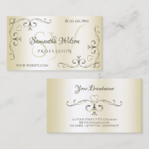 Shimmery Cream Ornamental Ornate Corners Initials Business Card