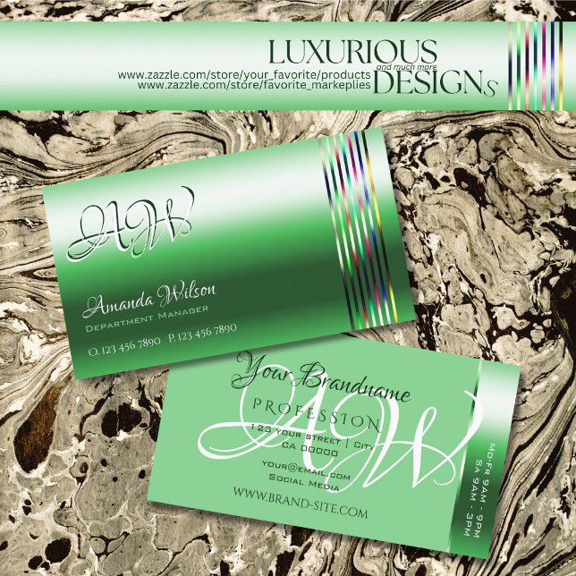 Shimmery Emerald Green Colourful Stripes Monogram Business Card (Creator Uploaded)