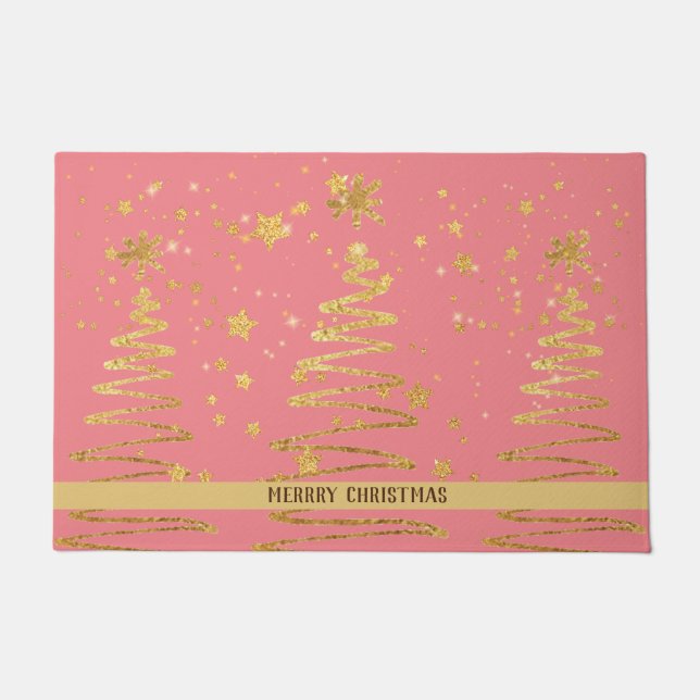 Shimmery girly modern gold tree Christmas pink Doormat (Front)