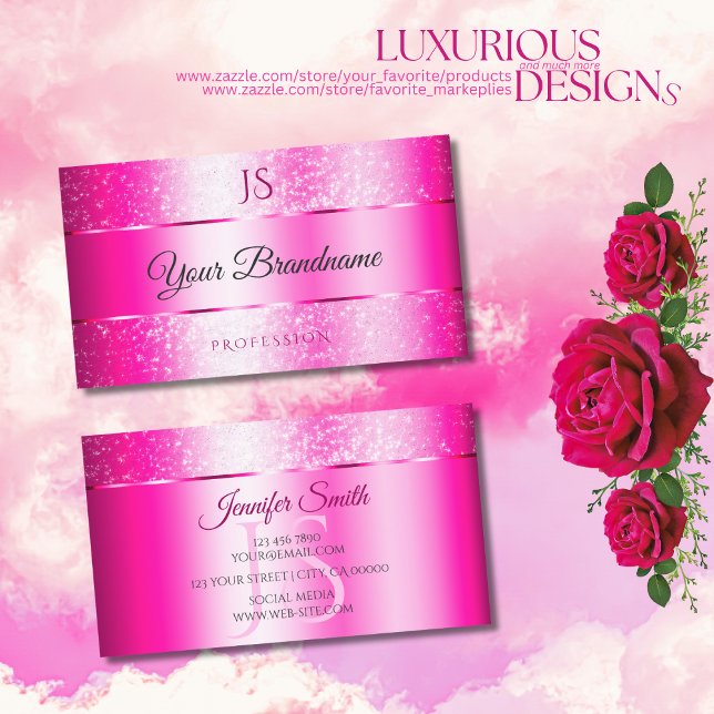 Shimmery Girly Pink Sparkly Glitter and Initials Business Card (Creator Uploaded)