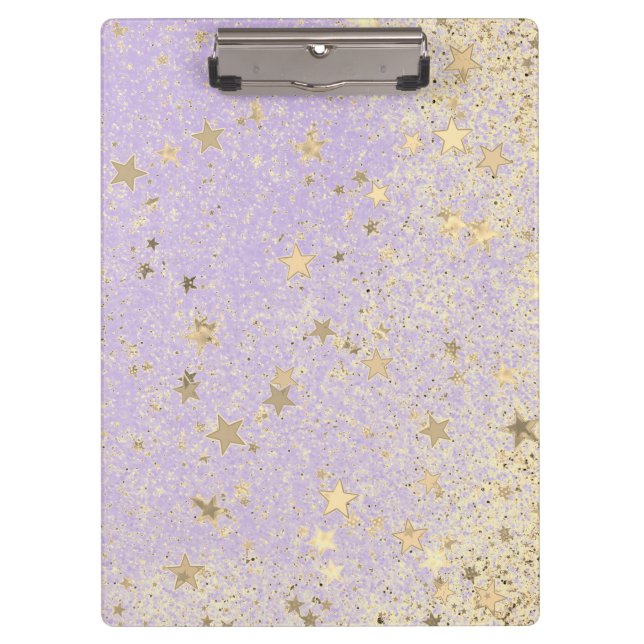 Shimmery Glittery Gold Stars on Lavender    Notebo Clipboard (Front)