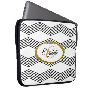 Shimmery Gold Glitter and Pattern Initial Letter Laptop Sleeve