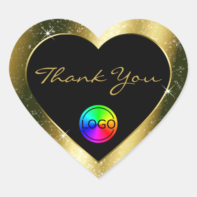 Shimmery Gold Glitter Frame Thank You with Logo Heart Sticker (Front)