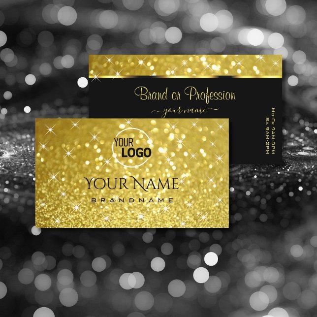 Shimmery Gold Glitter Sparkling Stars and Logo Business Card (Creator Uploaded)