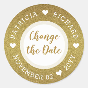 Shimmery Gold Glitter Wedding Change The Date Classic Round Sticker