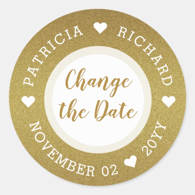 Shimmery Gold Glitter Wedding Change The Date Classic Round Sticker (Front)
