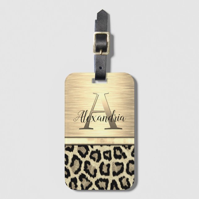 Shimmery Gold Monogram Leopard Luggage Tag (Front Vertical)