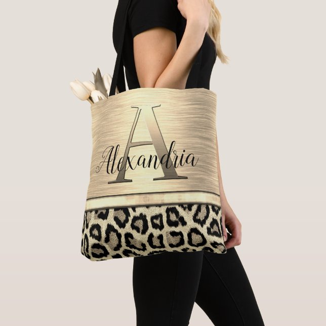 Shimmery Gold Monogram Leopard Tote Bag (Close Up)