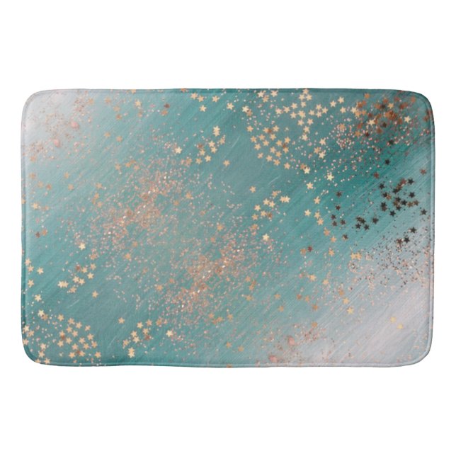 Shimmery Gold Stars on Teal  Bath Mat (Front)