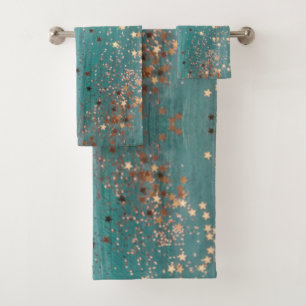 Shimmery Gold Stars on Teal Bath Towel Set