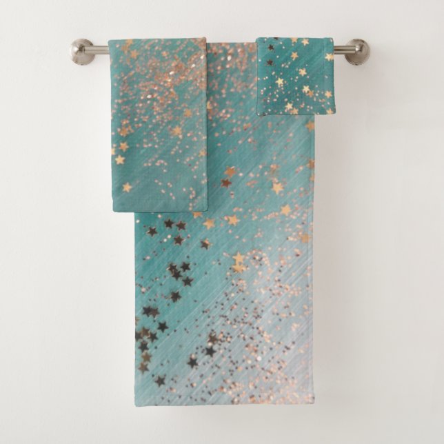 Shimmery Gold Stars on Teal  Bath Towel Set (Insitu)