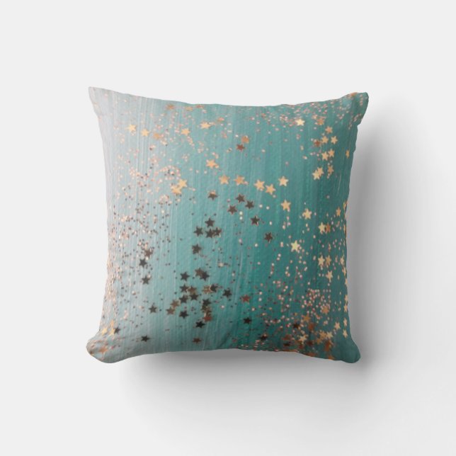 Shimmery Gold Stars on Teal  Cushion (Front)