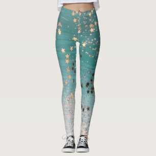 Shimmery Gold Stars on Teal  Leggings