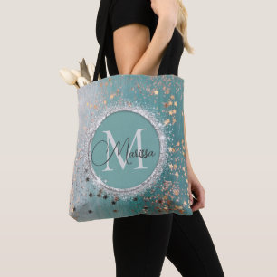 Shimmery Gold Stars on Teal Monogram Tote Bag