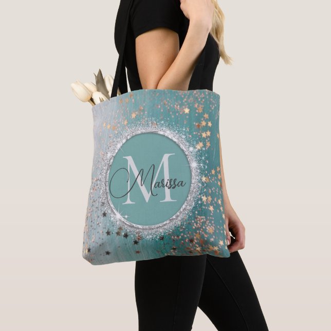 Shimmery Gold Stars on Teal Monogram Tote Bag (Close Up)