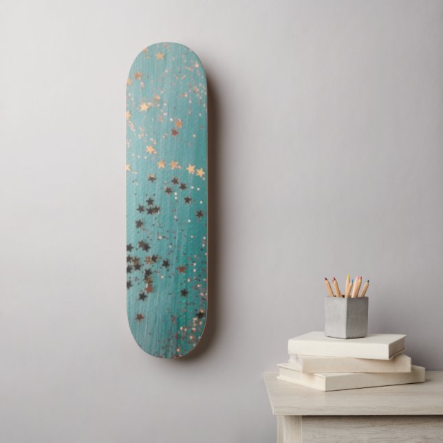Shimmery Gold Stars on Teal  Skateboard (Wall Art)