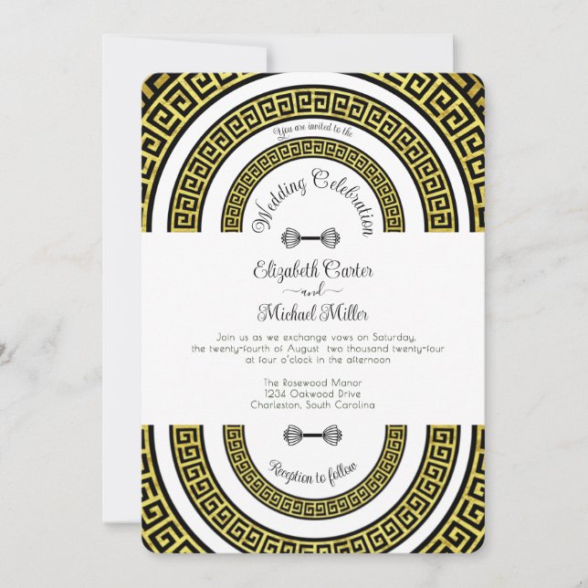 Shimmery Golden Foil Effect Greek Meander Infinity Invitation (Front)