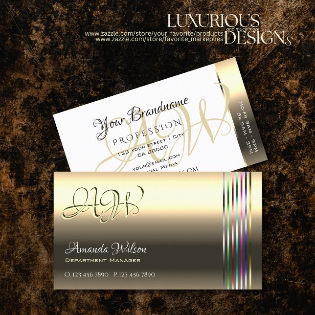 Shimmery Golden White Colourful Stripes Monogram Business Card (Creator Uploaded)