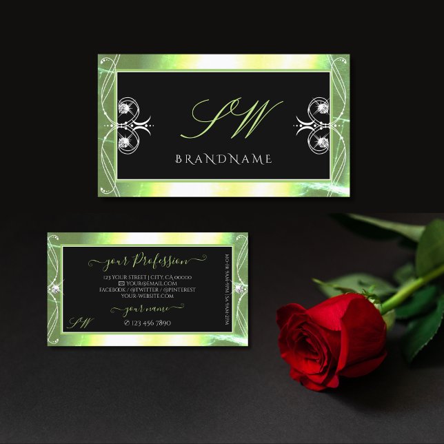 Shimmery Green Black Sparkling Diamonds Initials Business Card (Creator Uploaded)