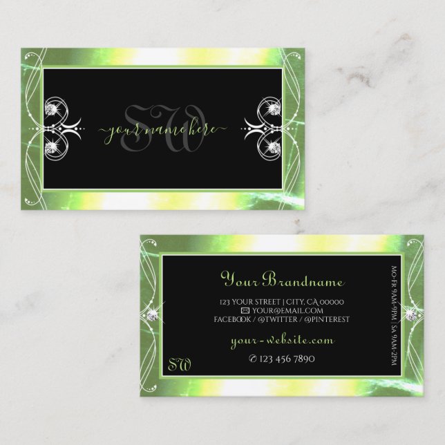 Shimmery Green Black Sparkling Diamonds Monogram Business Card (Front/Back)