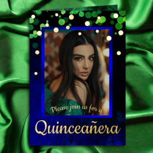 Shimmery Green & Blue Quinceanera w/ Gold Foil Greeting Card
