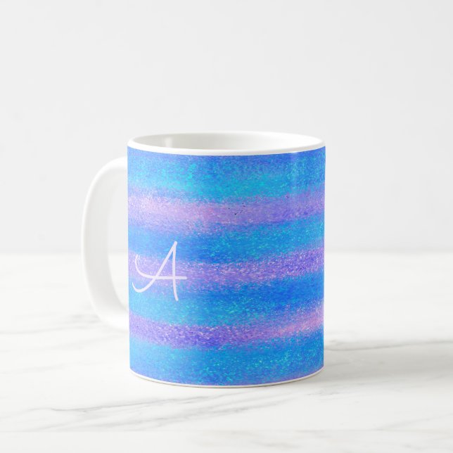 Shimmery Iridescent Stripes Turquoise Pink Coffee Mug (Front Left)