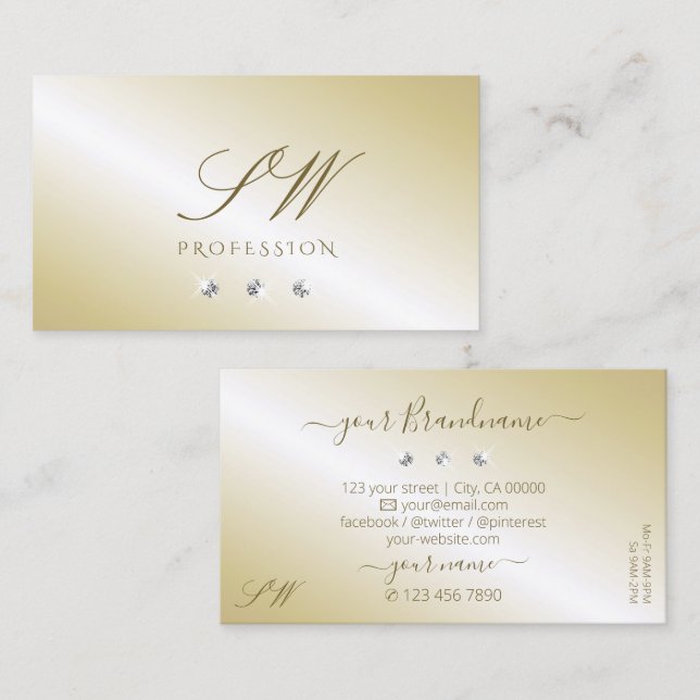 Shimmery Light Golden Sparkling Diamonds Monogram Business Card (Front/Back)