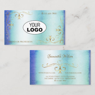 Shimmery Marble Blue Teal Gold Ornate Corners Logo Business Card