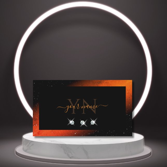 Shimmery Orange Black Sparkling Diamonds Initials Business Card (Creator Uploaded)