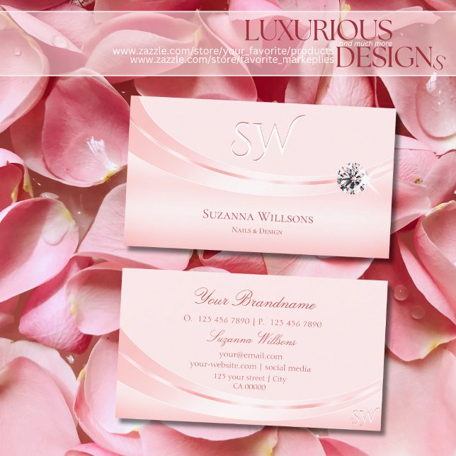 Shimmery Pastel Pink with Monogram and Diamond Business Card (Creator Uploaded)