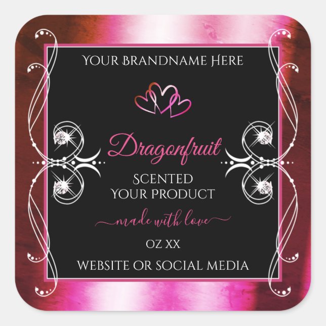 Shimmery Pink Black Product Labels Diamonds Hearts (Front)