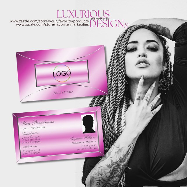 Shimmery Pink Silver Decor with Logo and Photo Business Card (Creator Uploaded)