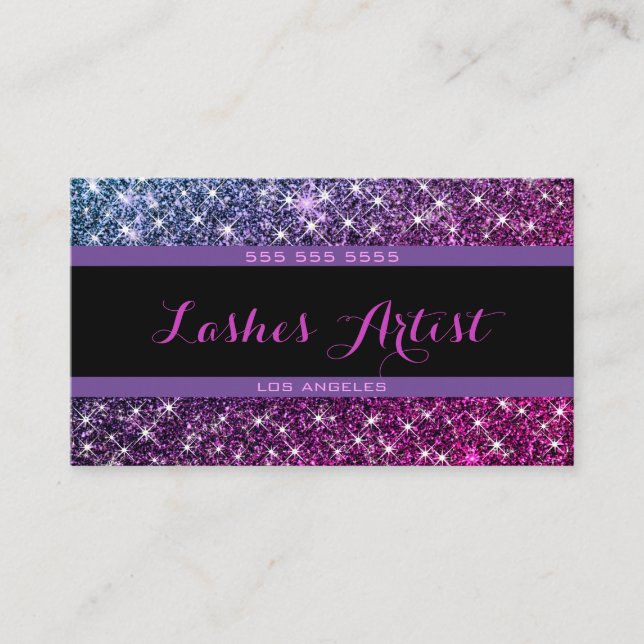 Shimmery Purple Pink Ombre Glitter Stars Lashes Business Card (Front)
