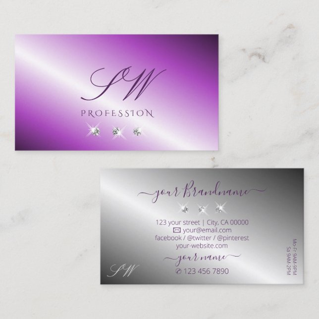 Shimmery Purple Silver Sparkling Diamonds Monogram Business Card (Front/Back)