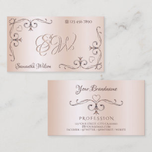 Shimmery Rose Ornate Corner Initials Pastel Pink Business Card