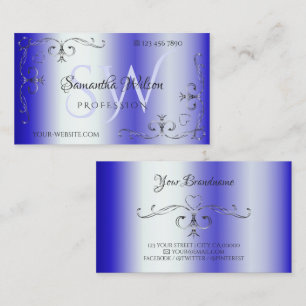 Shimmery Royal Blue Ornate Corner Border Initials Business Card